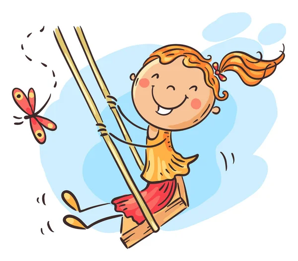 Happy Cartoon Girl Swing Vector Doodle Illustration Stock Clipart — ストックベクタ