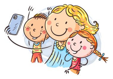Cartoon family clipart. Selfie of happy mom with two children: boy and girl.