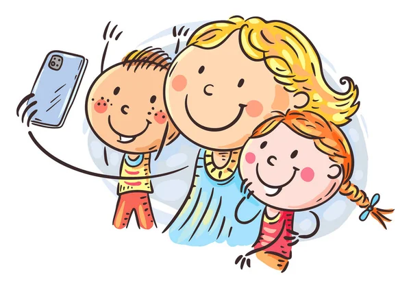 Cartoon Family Clipart Selfie Happy Mom Two Children Boy Girl — 图库矢量图片