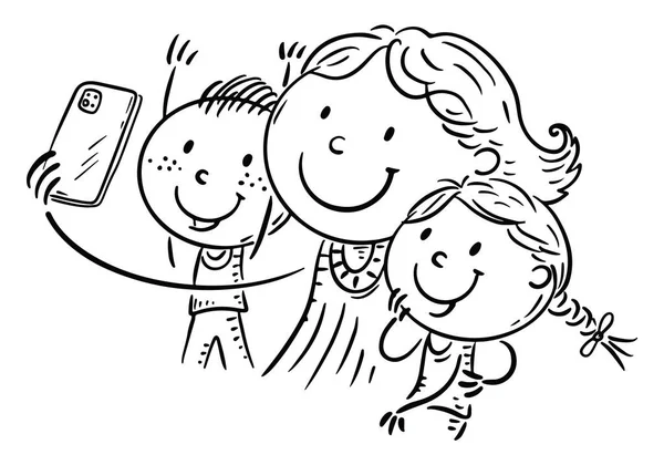 Line Drawing Happy Family Clipart Selfie Happy Mom Two Children — Archivo Imágenes Vectoriales