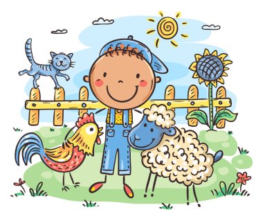Cartoon little boy at countryside with farm animals. Farm scene with child cartoon character and farm animals: rooster and sheep. Colorful vector stock illustration