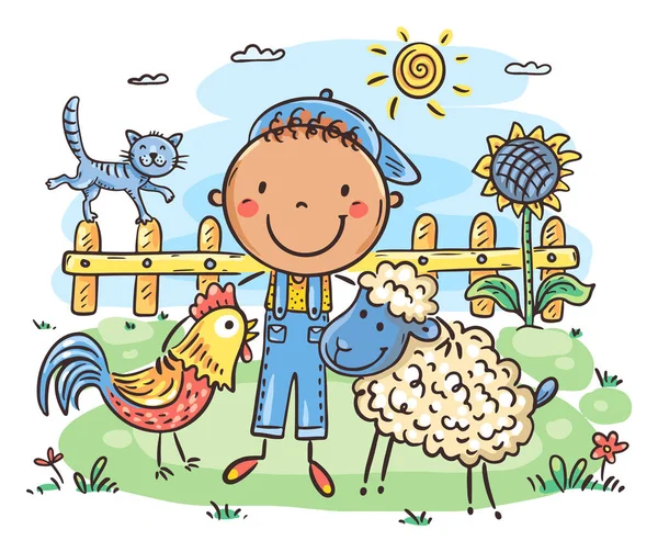 Cartoon Little Boy Countryside Farm Animals Farm Scene Child Cartoon — Archivo Imágenes Vectoriales