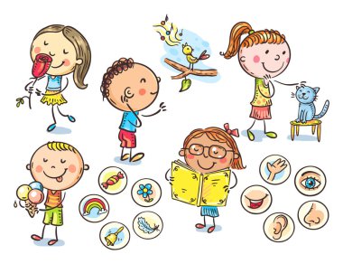 Children showing five senses: smell, hear, sight, taste, touch. Colorful vector stock illustration clipart