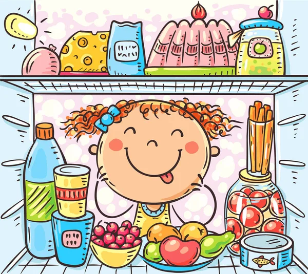 Cartoon Girl Looking Fridge Food Colorful Vector Clipart — 스톡 벡터