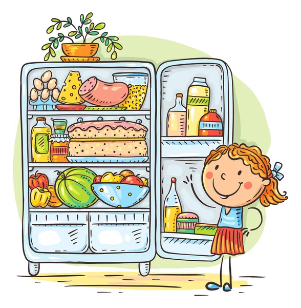 Мультфильм Ребенок Холодильник Едой Концепция Здорового Питания Приготовления Пищи Рисунок — стоковый вектор