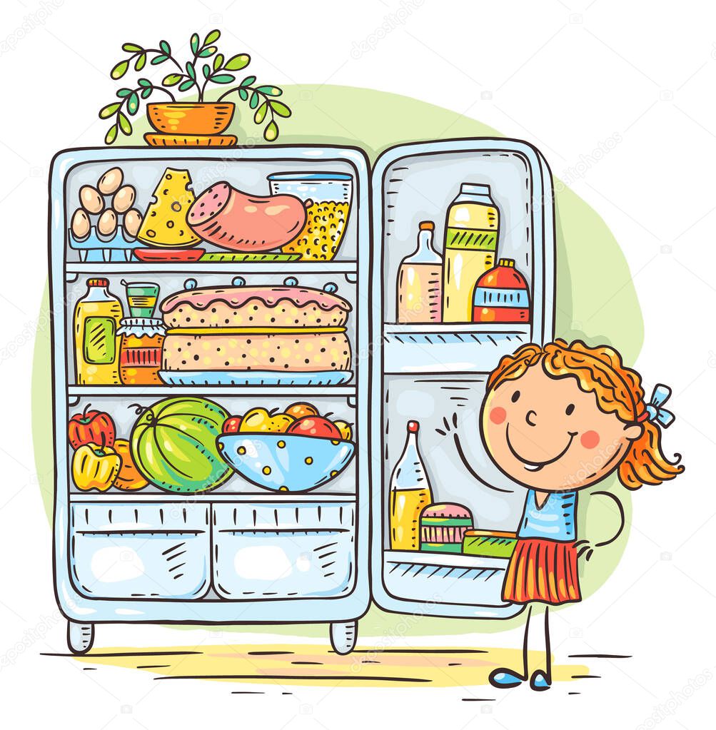 Cartoon kid and fridge with food, healthy eating or cooking concept, drawing, colorful clipart