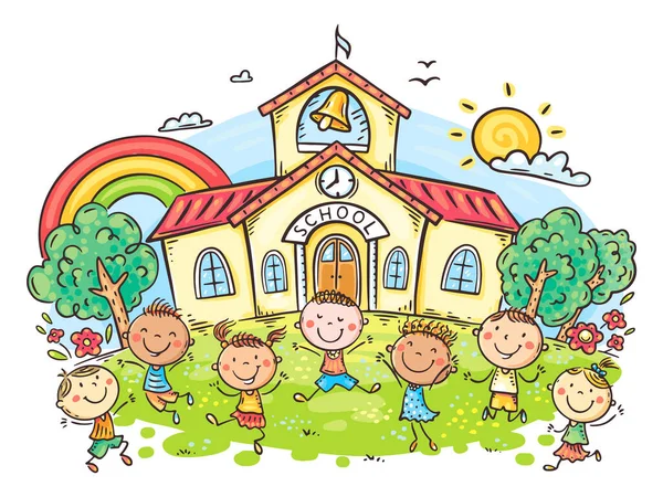 Happy Kids Front School Building Back School Colorfull Clipart — Stock Vector