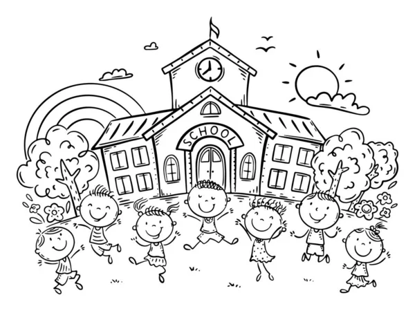 Линия Рисования Счастливый Мультфильм Детей Играющих Перед Школьным Зданием Обратно — стоковый вектор