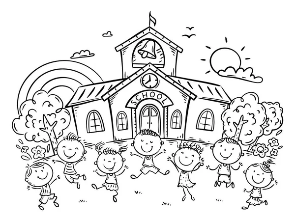 Line Drawing Happy Kids Front School Building Back School Illustration — 图库矢量图片