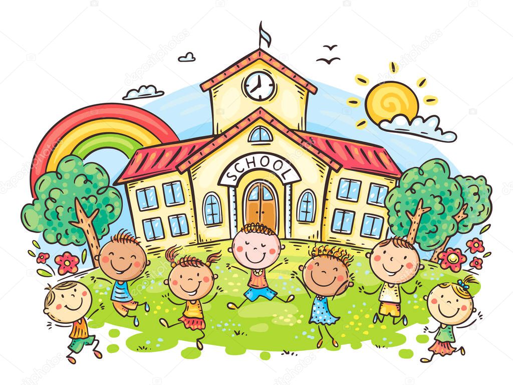 Happy cartoon children playing in front of school building, back to school colorfull clipart