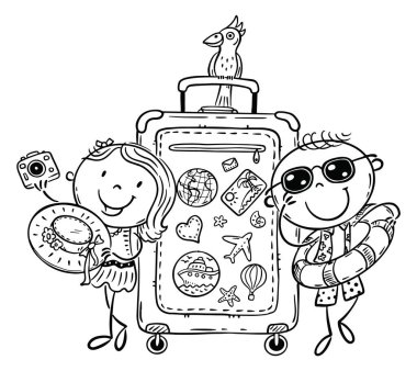 Line drawing of happy kids traveling with suitcase in summer. Vacations and seaside outline vector clipart