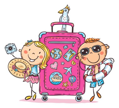 Illustration of happy kids traveling with suitcase in summer. Vacations and seaside colorful vector clipart