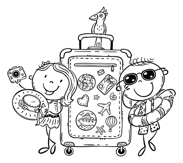 Line Drawing Happy Kids Traveling Suitcase Summer Vacations Seaside Outline — Vector de stock