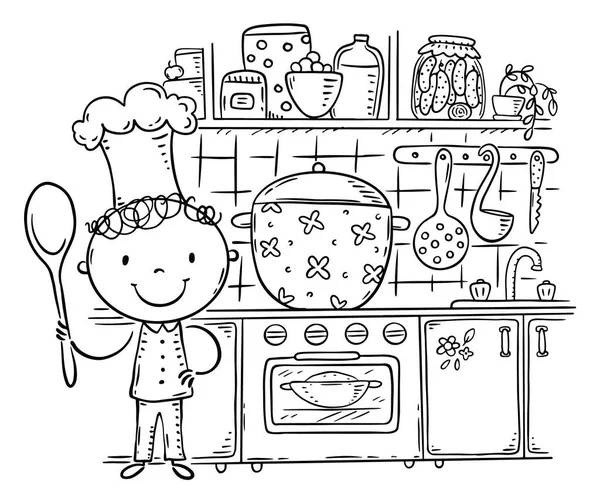 Line Drawing Cartoon Kid Chief Cooking Kitchen Vector Illustration Clipart — Archivo Imágenes Vectoriales