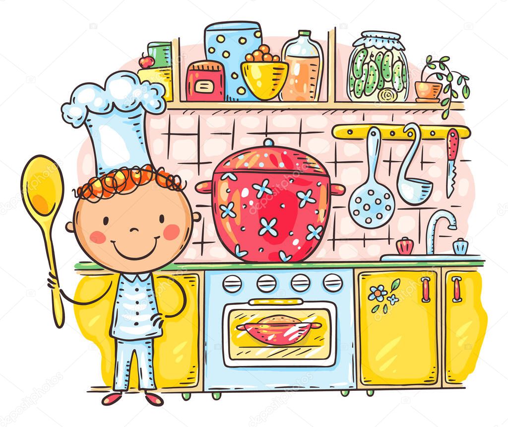 Cartoon kid as chief cooking in the kitchen. Vector illustration clip art
