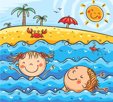 Cartoon children characters on summer vacation on the beach. Girl and boy swimming in the sea. Vector colorful clip art