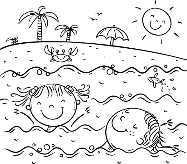 Line Drawing Children Characters Summer Vacation Beach Girl Boy Swimming — Vector de stock