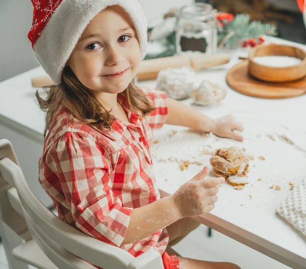 크리스마스 모자를 체크무늬 셔츠를 살난작은 머리의 아이가 화환으로 장식된 크리스마스 — 스톡 사진