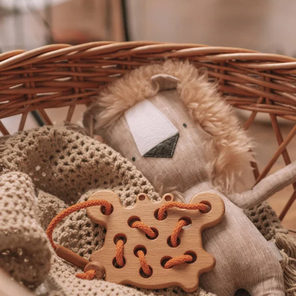 Dřevěné dětské hračky s otvory pro učení tkanice s oranžovou šňůrou na béžové dece v košíku s lev měkké hračky — Stock fotografie