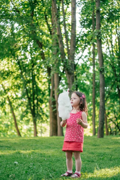 Pequena menina bonito 3-4 comer algodão doce no parque ensolarado, entre árvores altas na grama verde. Vertical — Fotografia de Stock