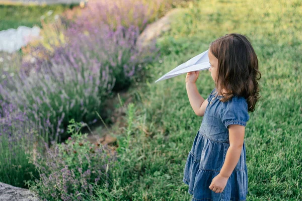Klein meisje 3-4 met donker haar in denim jurk in de zon lanceert papier vliegtuig, tussen grote struiken van lila lavendel — Stockfoto