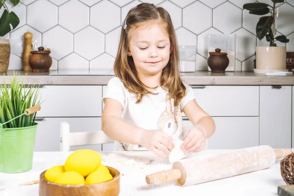 Küçük, çalışkan bir kız şef portresi, oturma desteği, hamuru dikizleme, unlu merdane, şekilli kurabiye yapma..