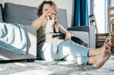 Kıvırcık saçlı, neşeli, çıplak ayaklı, köpek Corgi 'si olan kadın. İtaat eğitimi, evcil hayvan besleme, oturma, dinlenme ve koltuğun yanındaki rahat oturma odasında oynama. Hafta sonu boş zaman aktivitesi