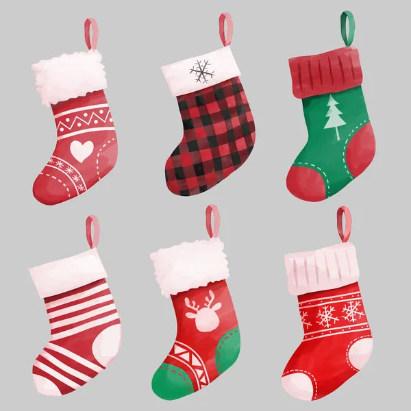 Collection Watercolor Christmas Stockings — Stock Vector