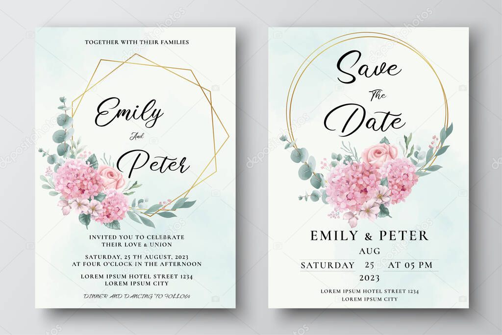 Wedding Invitation Card with Hydrangea and Roses Flowers