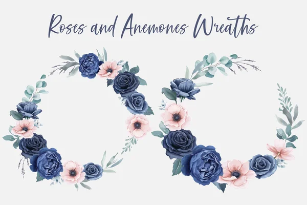 Венки Голубых Роз Анемонов Акварельном Стиле — стоковый вектор
