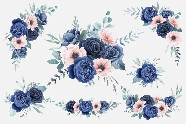 Aquarelle Bleu Marine Roses Pêche Anémones Bouquets — Image vectorielle