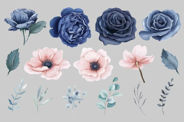 Акварельные Синие Розы Персиковые Анемоны — стоковый вектор