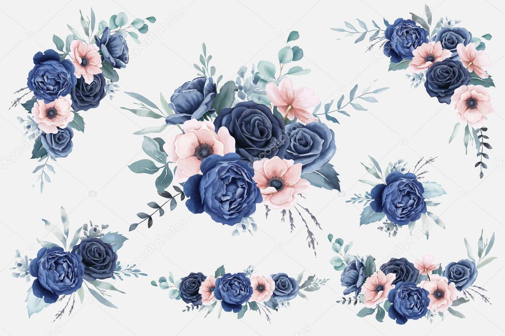 Watercolor Navy Blue Roses and Peach Anemones Bouquets