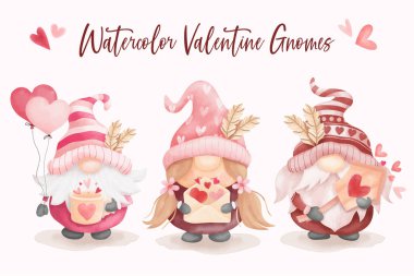 Watercolor valentine gnomes collection clipart