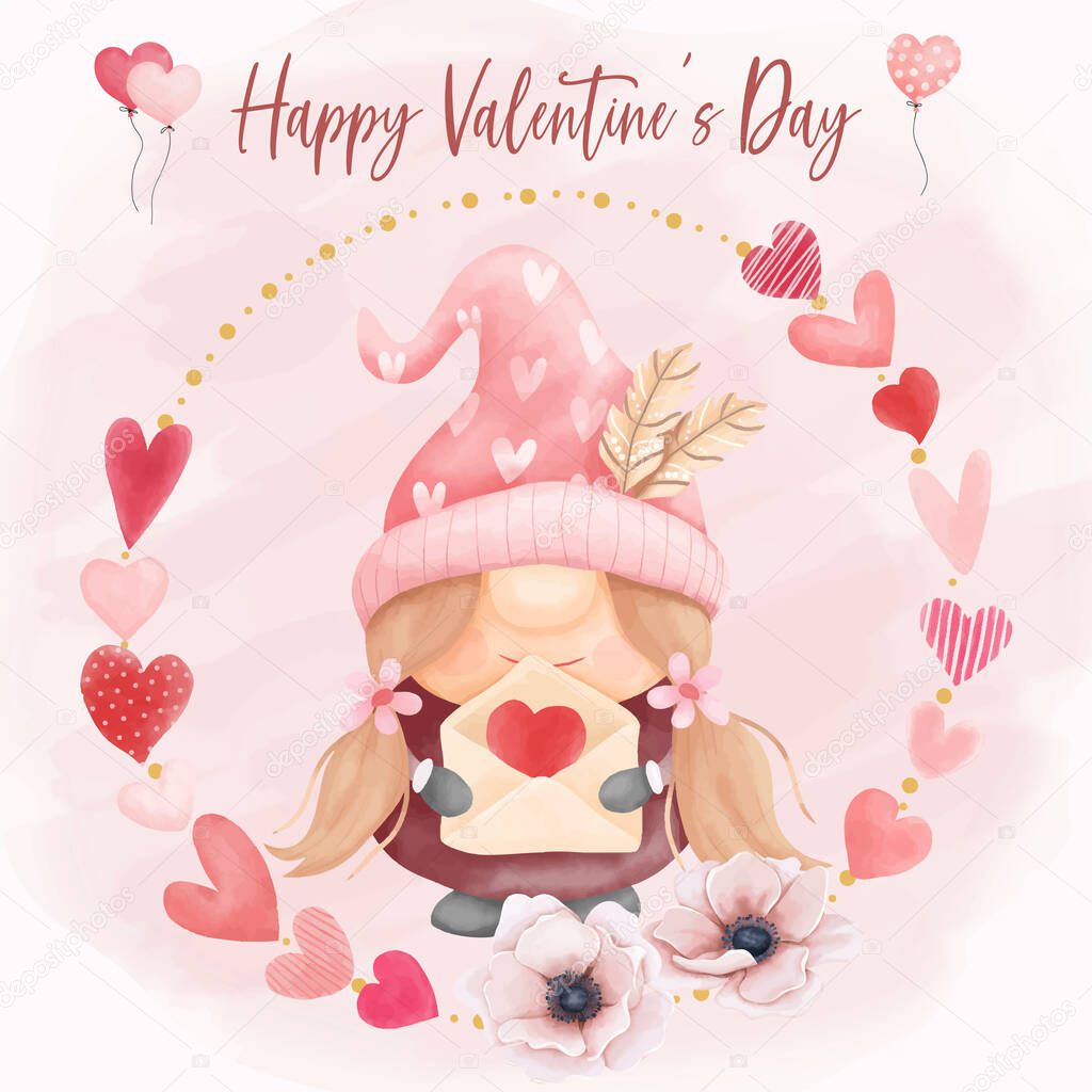 Watercolor happy valentines day background with cute gnome