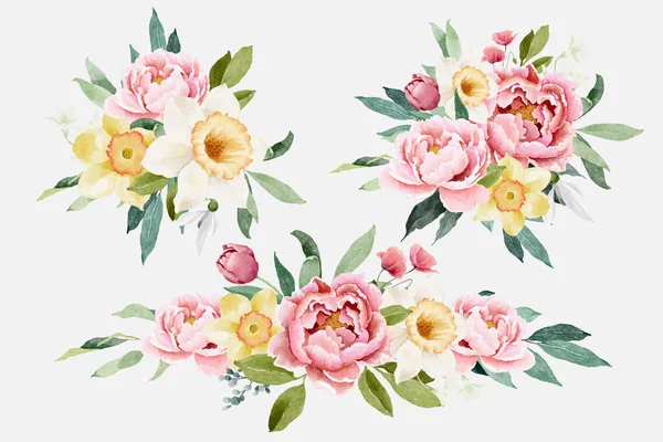 Ensemble Pivoine Bouquets Fleurs Printemps — Image vectorielle