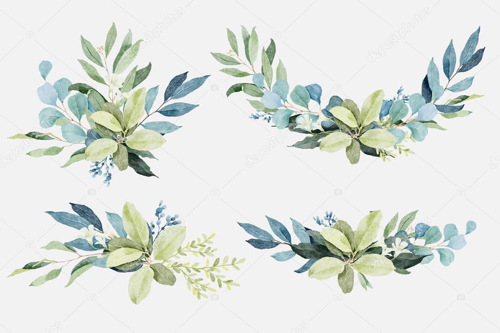 Set of Green Leaves Bouquets in Watercolor Style