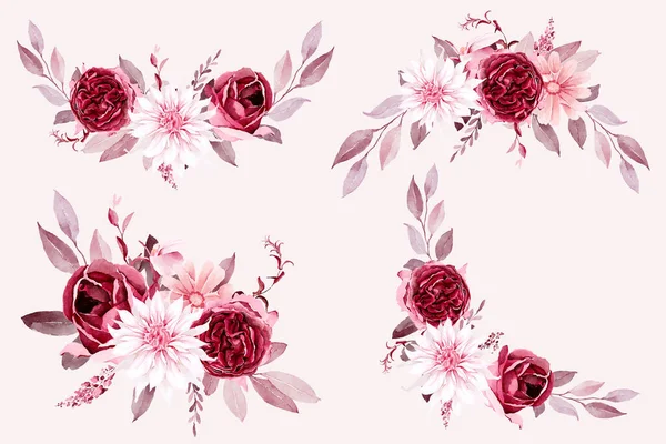 Aquarelle Collection Bouquets Fleurs Bordeaux — Image vectorielle