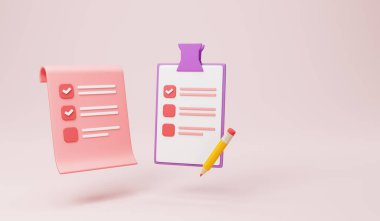 Pembe arkaplanda 3B pano ve kalem, not defteri simgesi