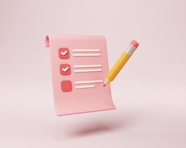 Pembe arkaplanda 3B pano ve kalem, not defteri simgesi