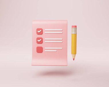 3D clipboard and pencil on pink background, notepad icon clipart