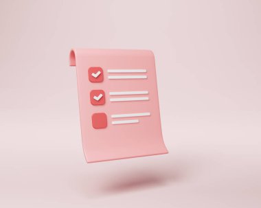 Pembe arkaplanda 3B pano ve kalem, not defteri simgesi