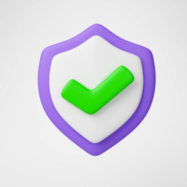 3D koruma kalkanı simgesi, kalkan sembolü üzerindeki kontrol işareti, güvenlik kavramı