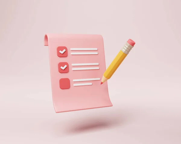 Klemmbrett Und Bleistift Auf Rosa Hintergrund Notizblock Symbol — Stockfoto