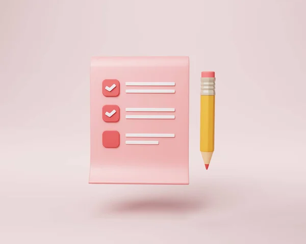 Klemmbrett Und Bleistift Auf Rosa Hintergrund Notizblock Symbol — Stockfoto