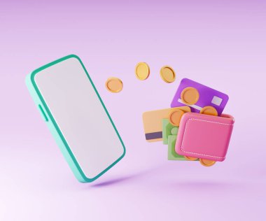 Çevrimiçi cep telefonu para transferi, güvenli çevrimiçi ödeme ve mobil bankacılık 3d illüstrasyon