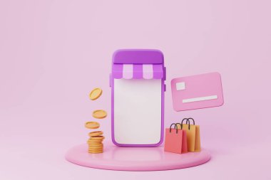 Nakitsiz toplum, kredi kartı, cüzdan, akıllı telefon, pembe arka plan ticareti. Tasarruf, online ödeme konsepti. 3B illüstrasyon