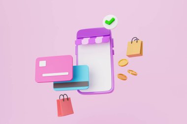 Çevrimiçi alışveriş uygulaması, e-ticaret, akıllı telefon alışverişi 3D illüstrasyon