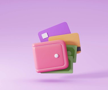 Para Kurtarma ikonu konsepti. Çevrimiçi ödeme, cüzdan, bozuk para yığını, ve pembe arka planda kredi kartı, 3D illüstrasyon