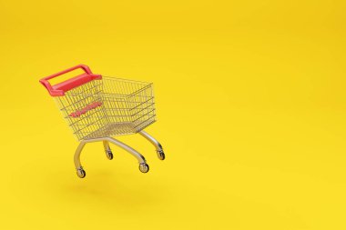 Sarı arka planda uçan alışveriş arabası. Tramvay alışverişi. 3d illüstrasyon